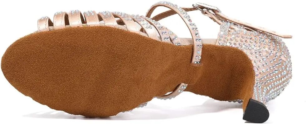 DKZSYIM Women's Satin Latin Dance Shoes Rhinestone Ballroom Salsa Performance Practice Dancing Shoes,Model YCL380
