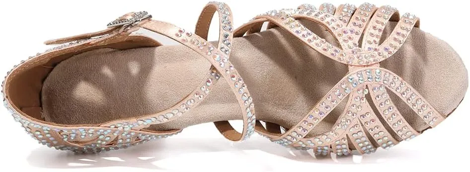 DKZSYIM Women's Satin Latin Dance Shoes Rhinestone Ballroom Salsa Performance Practice Dancing Shoes,Model YCL380