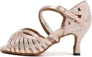 DKZSYIM Women's Satin Latin Dance Shoes Rhinestone Ballroom Salsa Performance Practice Dancing Shoes,Model YCL380