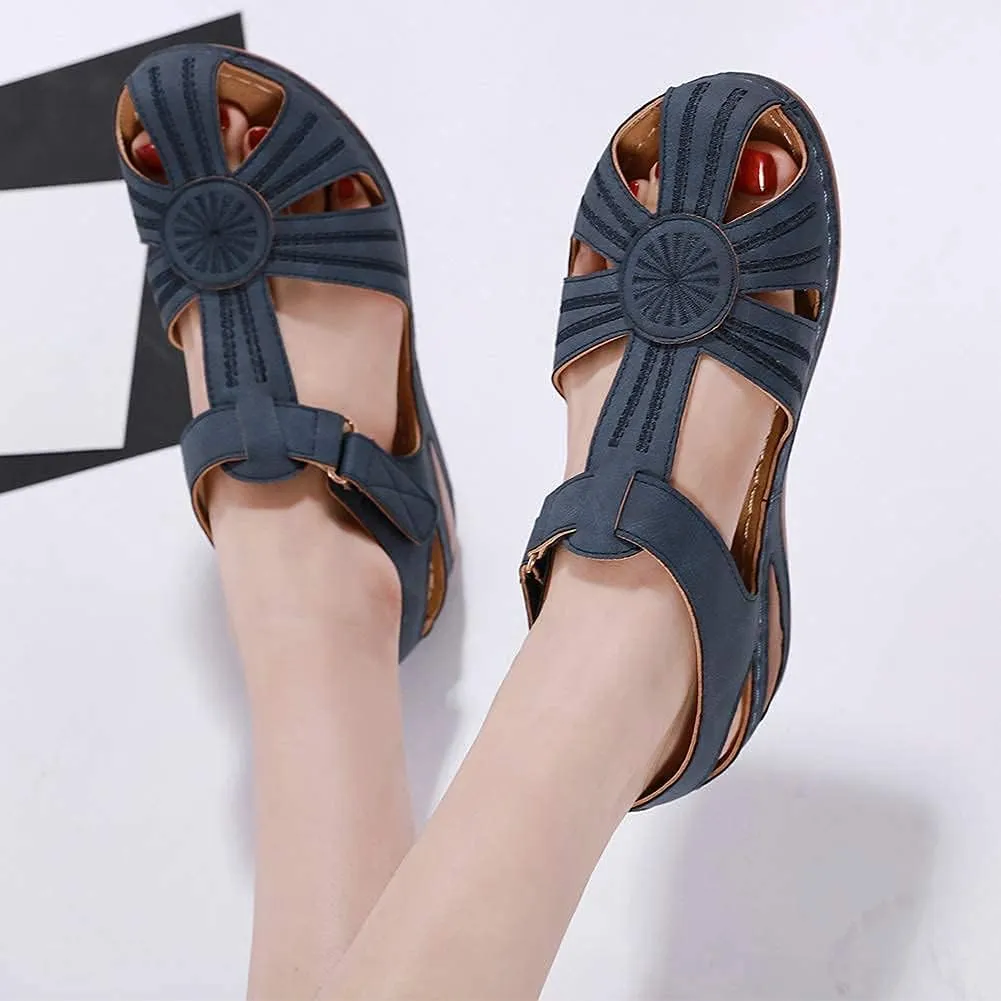 DUOYANGJIASHA Womens Sandals Dressy Summer Beach Bohemia Ankle Strap Causal Comfortable Closed Toe Wedge Shoes for Outdoor