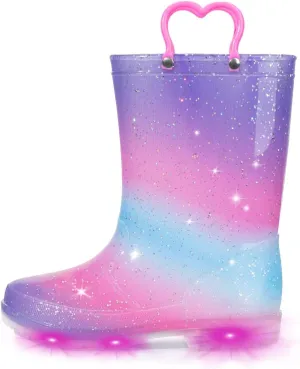 EUXTERPA Toddler Kids Waterproof Light Up Rain Boots Patterns and Glitter Boots with Handles for Girls, Purple Gradient, Big Kid Size 3