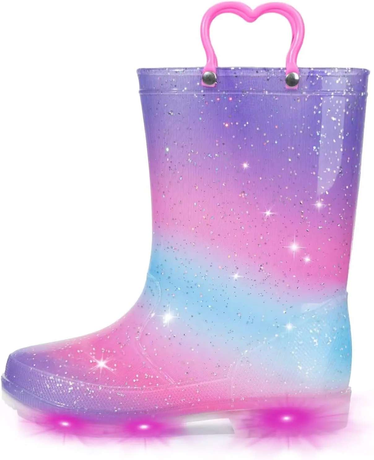 EUXTERPA Toddler Kids Waterproof Light Up Rain Boots Patterns and Glitter Boots with Handles for Girls, Purple Gradient, Big Kid Size 3