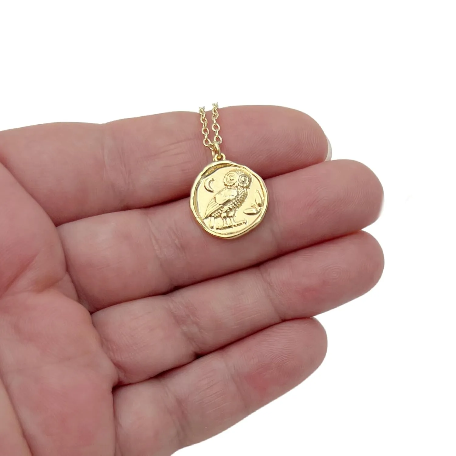 Gold coin necklace for women, athena necklace owl 14K gold plated jewelry