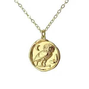 Gold coin necklace for women, athena necklace owl 14K gold plated jewelry