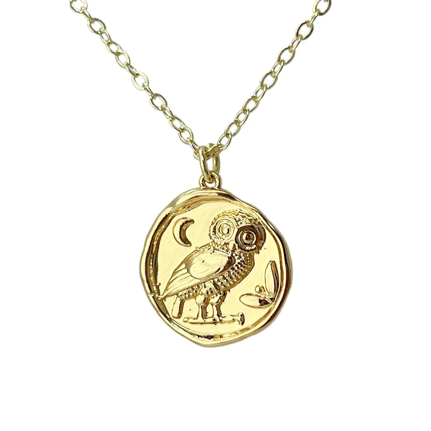 Gold coin necklace for women, athena necklace owl 14K gold plated jewelry