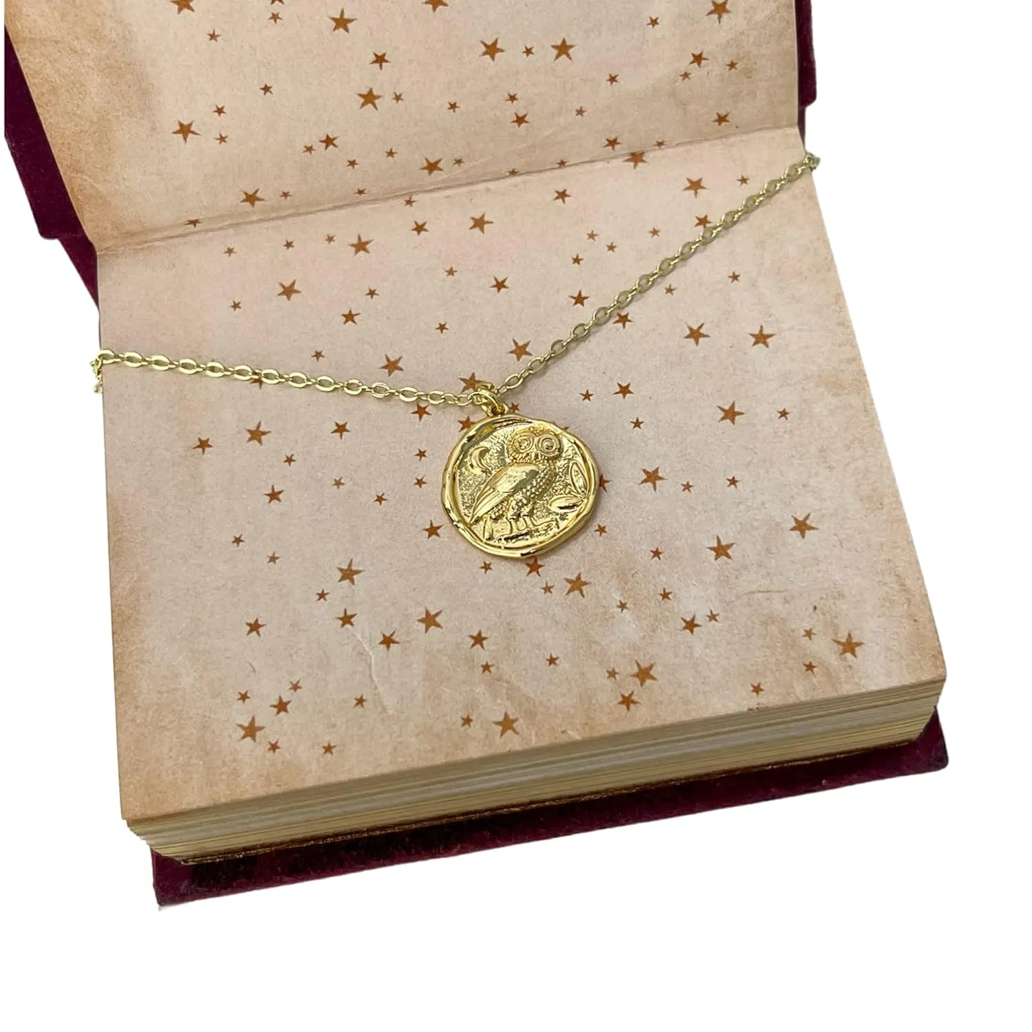 Gold coin necklace for women, athena necklace owl 14K gold plated jewelry