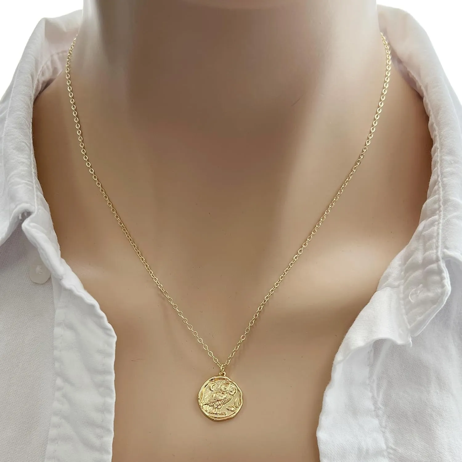 Gold coin necklace for women, athena necklace owl 14K gold plated jewelry