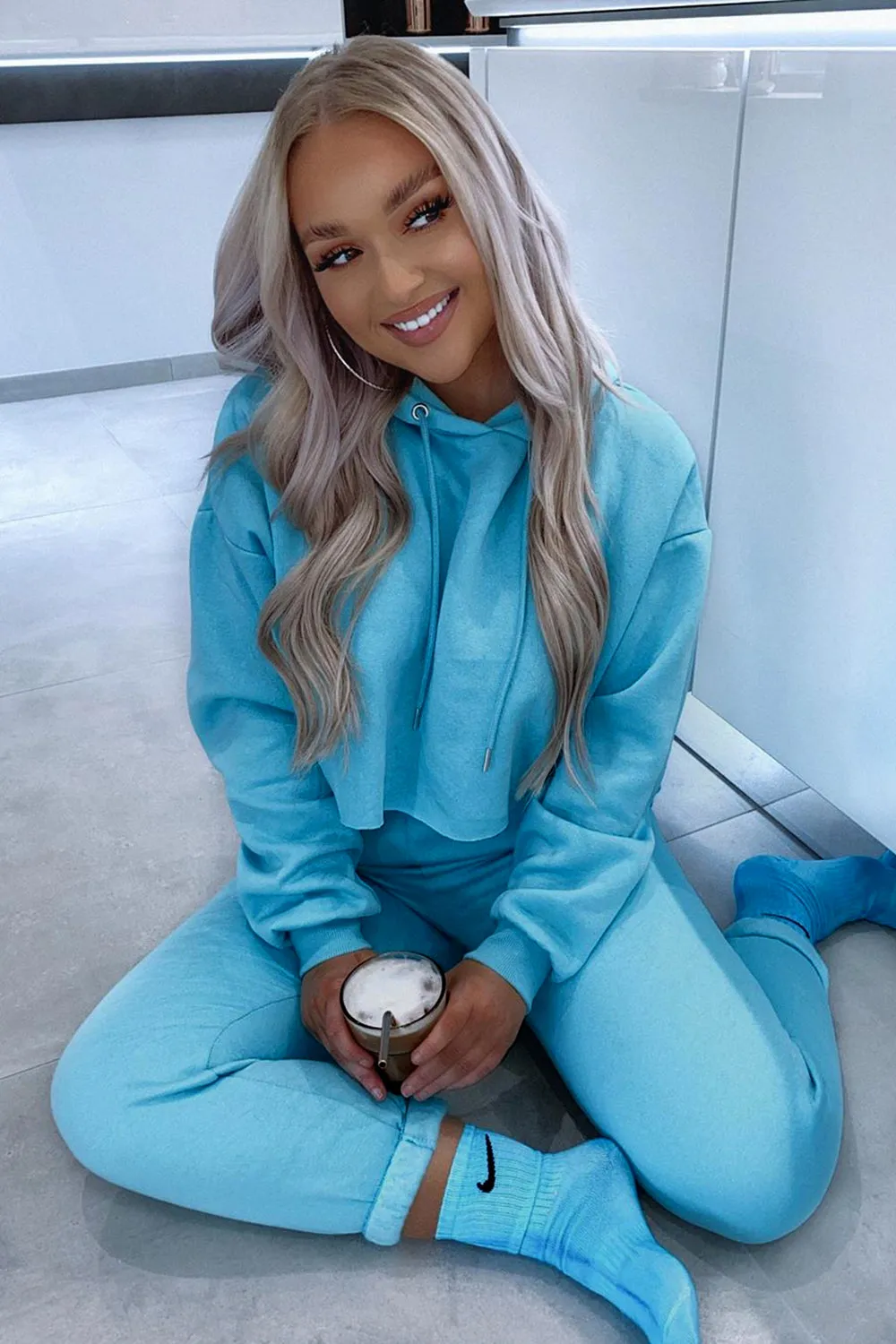 Harper Baby Blue Lounge Cropped Hoodie and Joggers Tracksuit Set