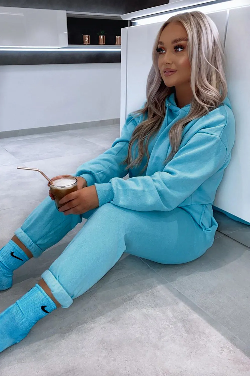 Harper Baby Blue Lounge Cropped Hoodie and Joggers Tracksuit Set
