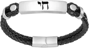 Hebrew Jewish Prayer Leather Bracelet with Silver Stainless Steel Id |Free Engraved Messianic Motivational/Judah Jewelry for Men & Women, 7.48"/8.26"/9.05"