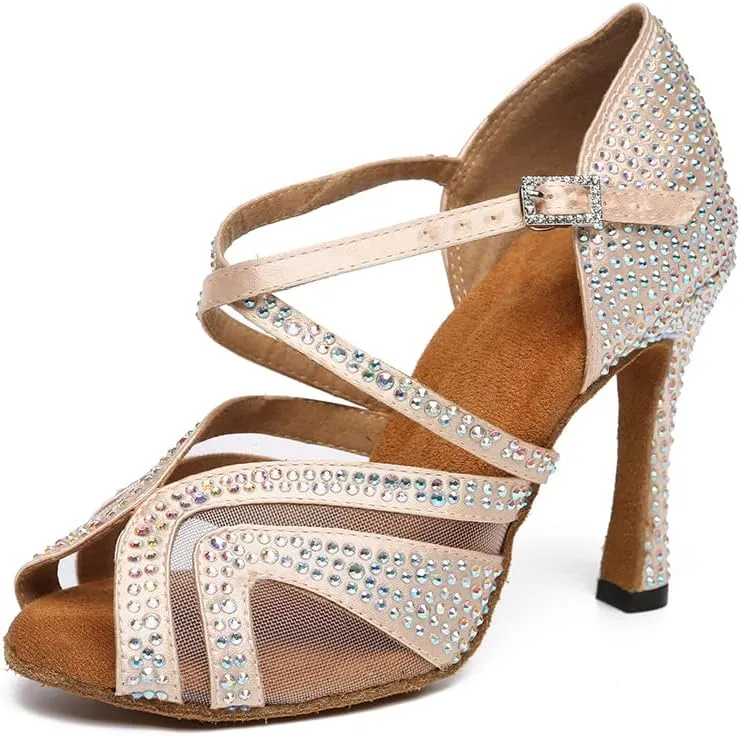 HROYL Women Rhinestone Ballroom Dance Shoes Latin Salsa Practice Performance Dance Shoes YCL490