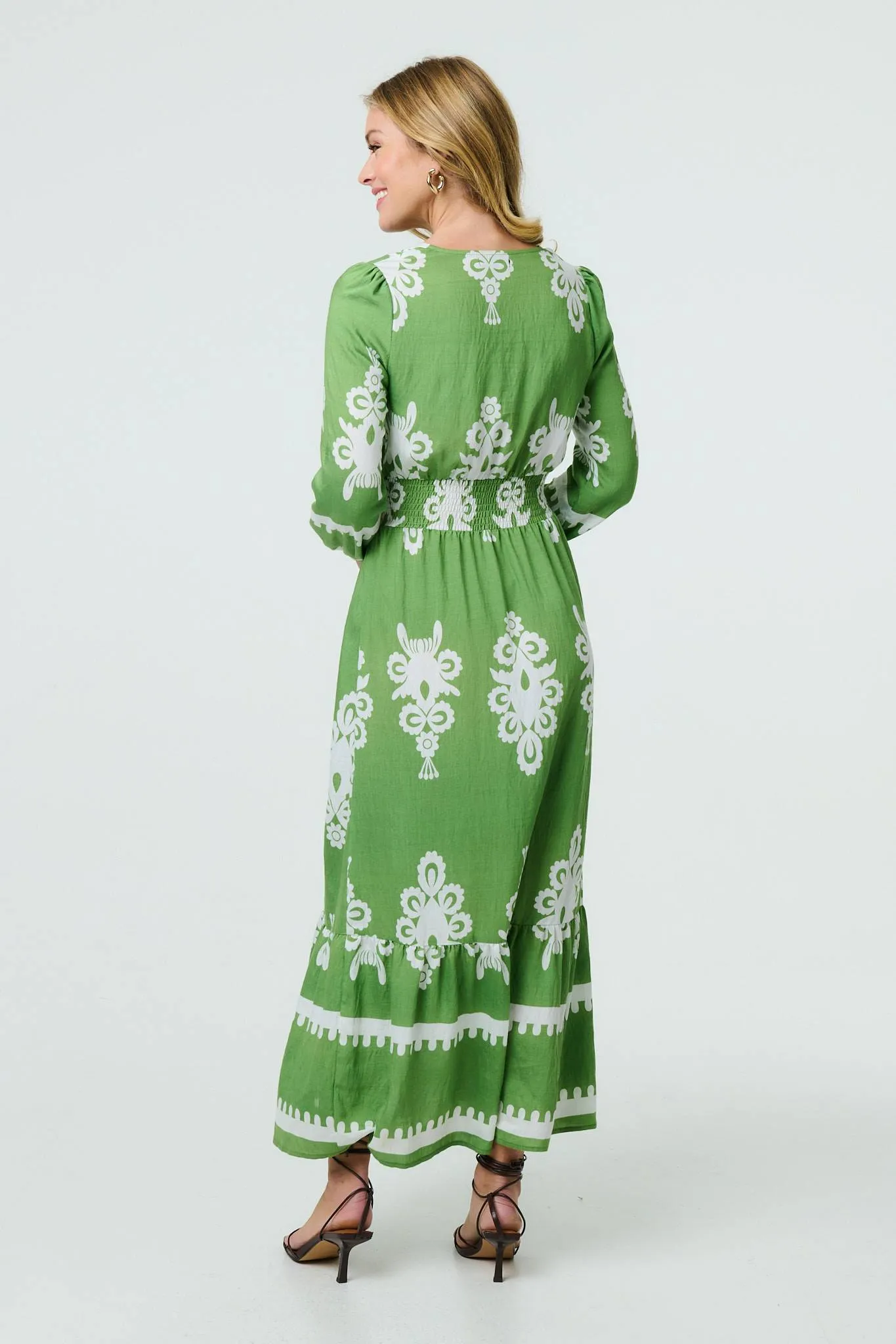 Ikat Print Long Sleeve Maxi Smock Dress