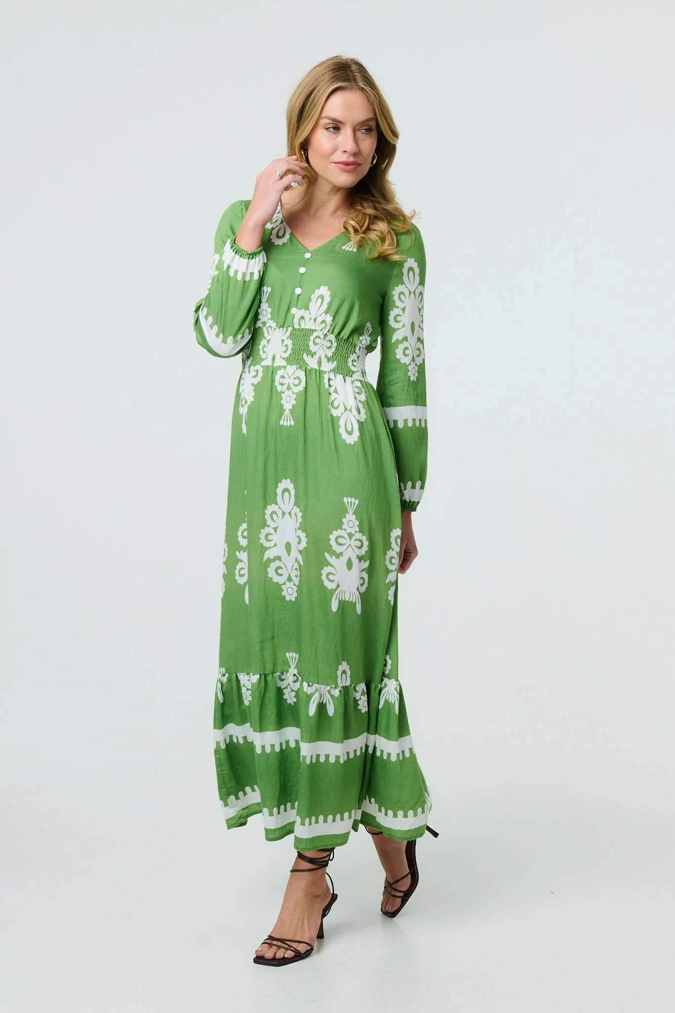 Ikat Print Long Sleeve Maxi Smock Dress