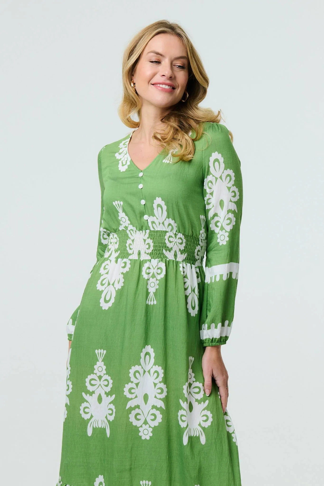 Ikat Print Long Sleeve Maxi Smock Dress