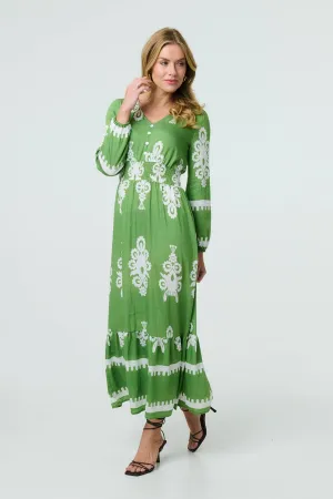 Ikat Print Long Sleeve Maxi Smock Dress