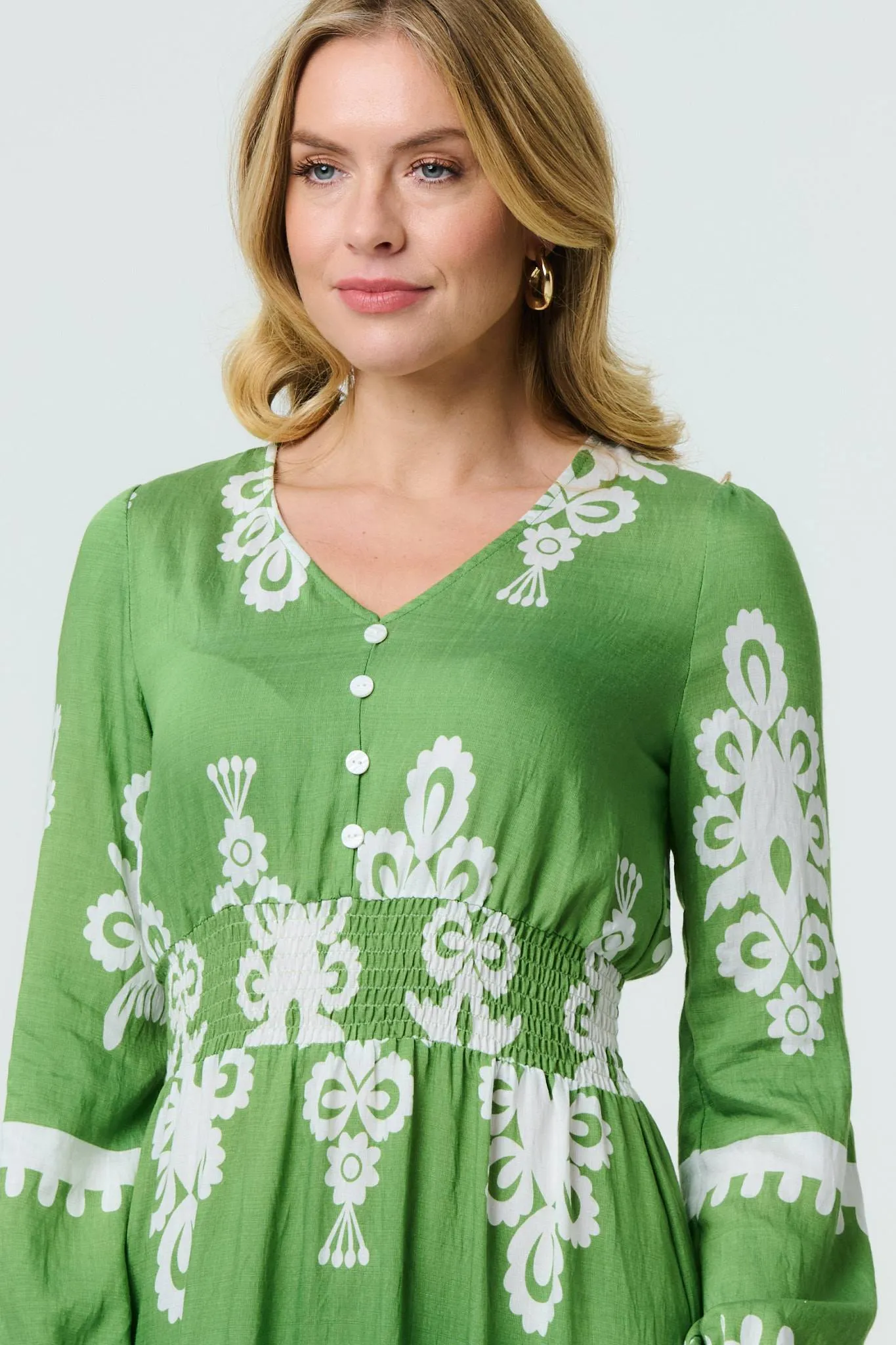 Ikat Print Long Sleeve Maxi Smock Dress