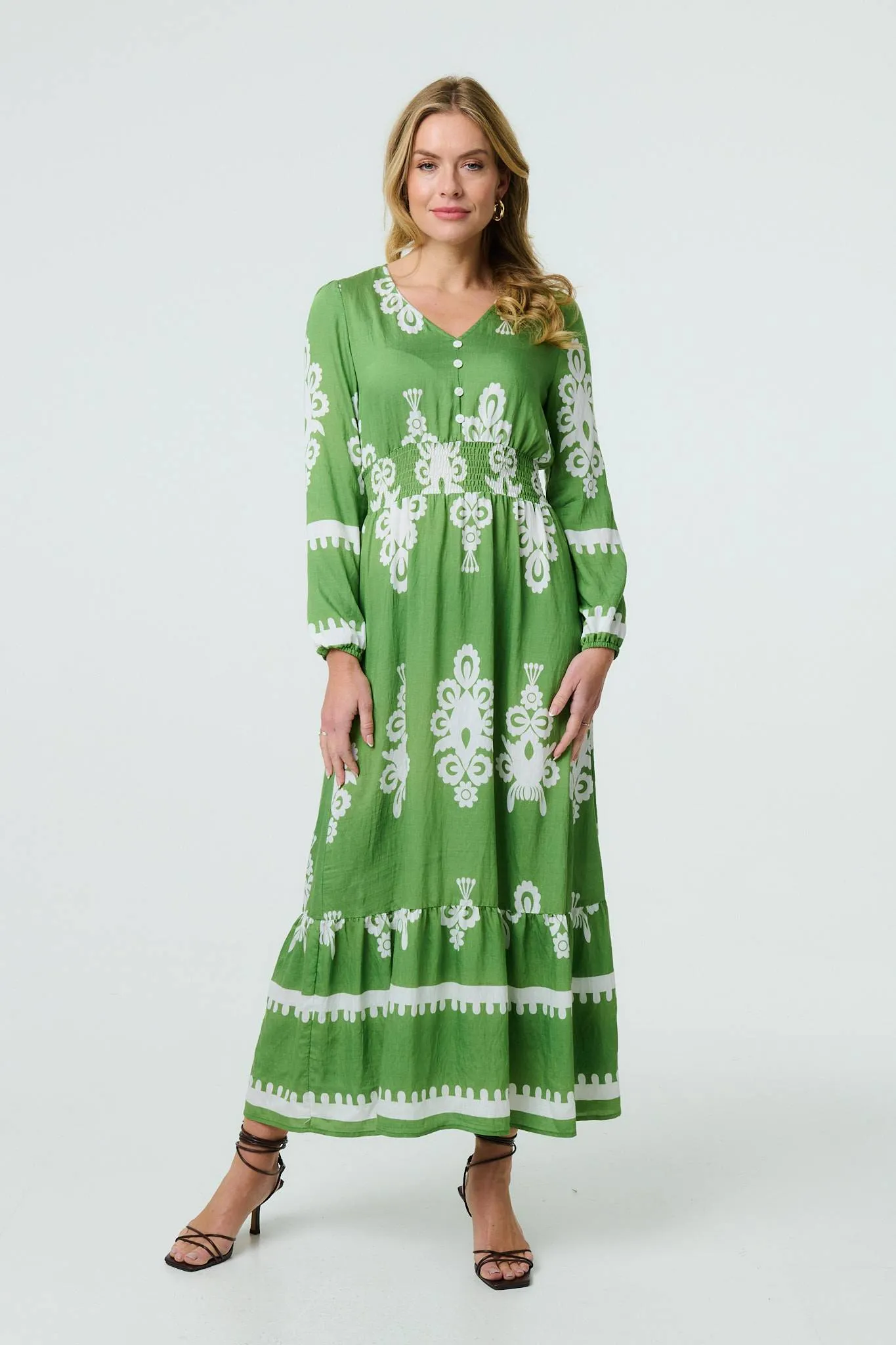 Ikat Print Long Sleeve Maxi Smock Dress