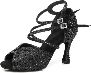 JUODVMP Women's Latin Dance Shoes Satin with Rhinestones Ballroom Dancing Shoes Salsa High Heel Shoes