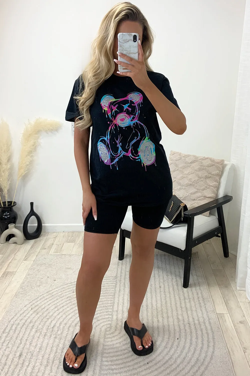 Kiran Black Glitter Teddy Graphic Printed T-Shirt