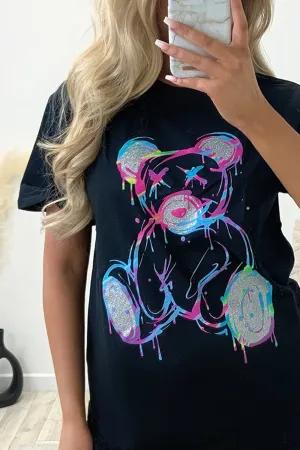 Kiran Black Glitter Teddy Graphic Printed T-Shirt