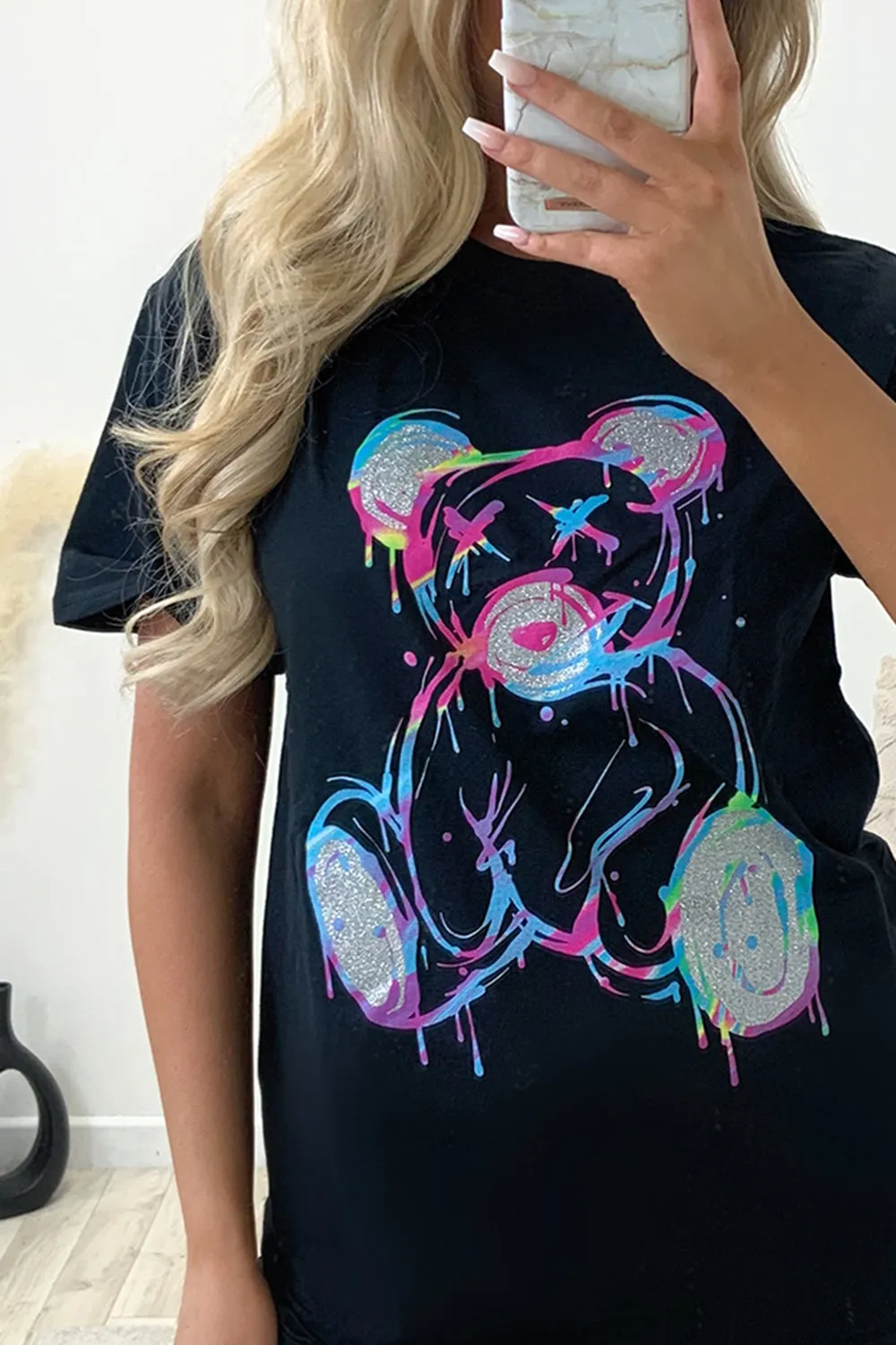 Kiran Black Glitter Teddy Graphic Printed T-Shirt