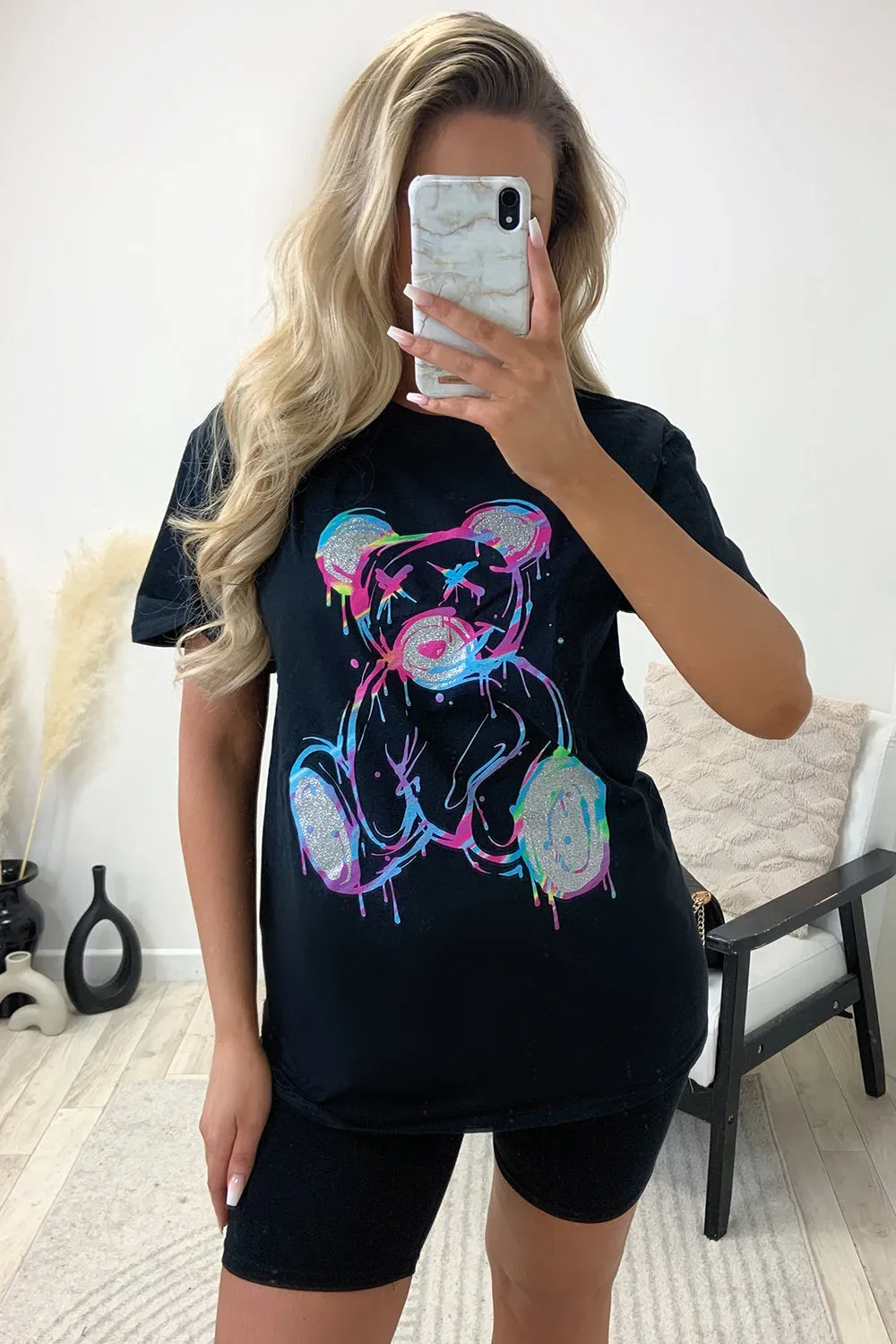 Kiran Black Glitter Teddy Graphic Printed T-Shirt