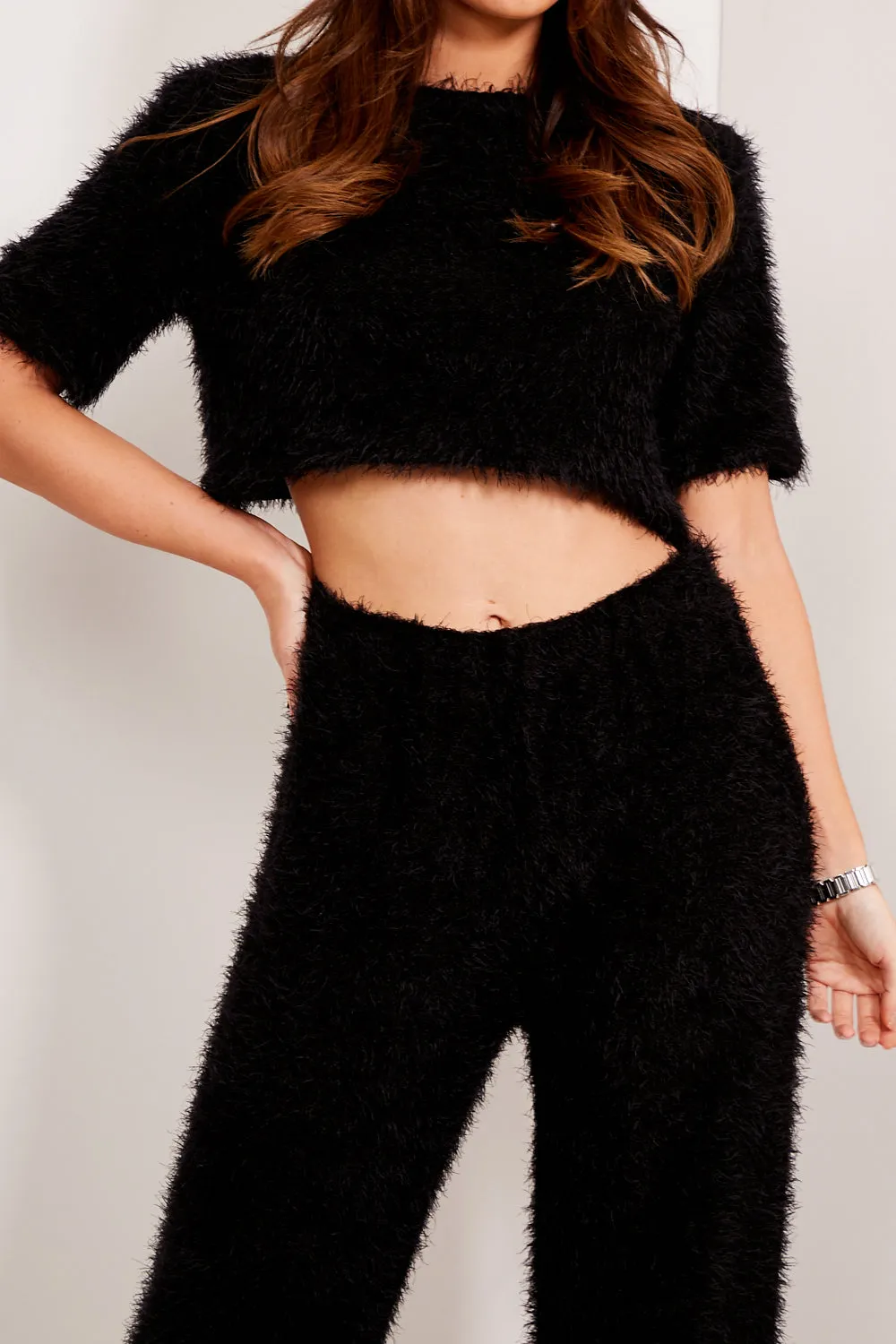 Kitty Black Fluffy Knit Crop Top and Wide Leg Trousers Co-Ord Set