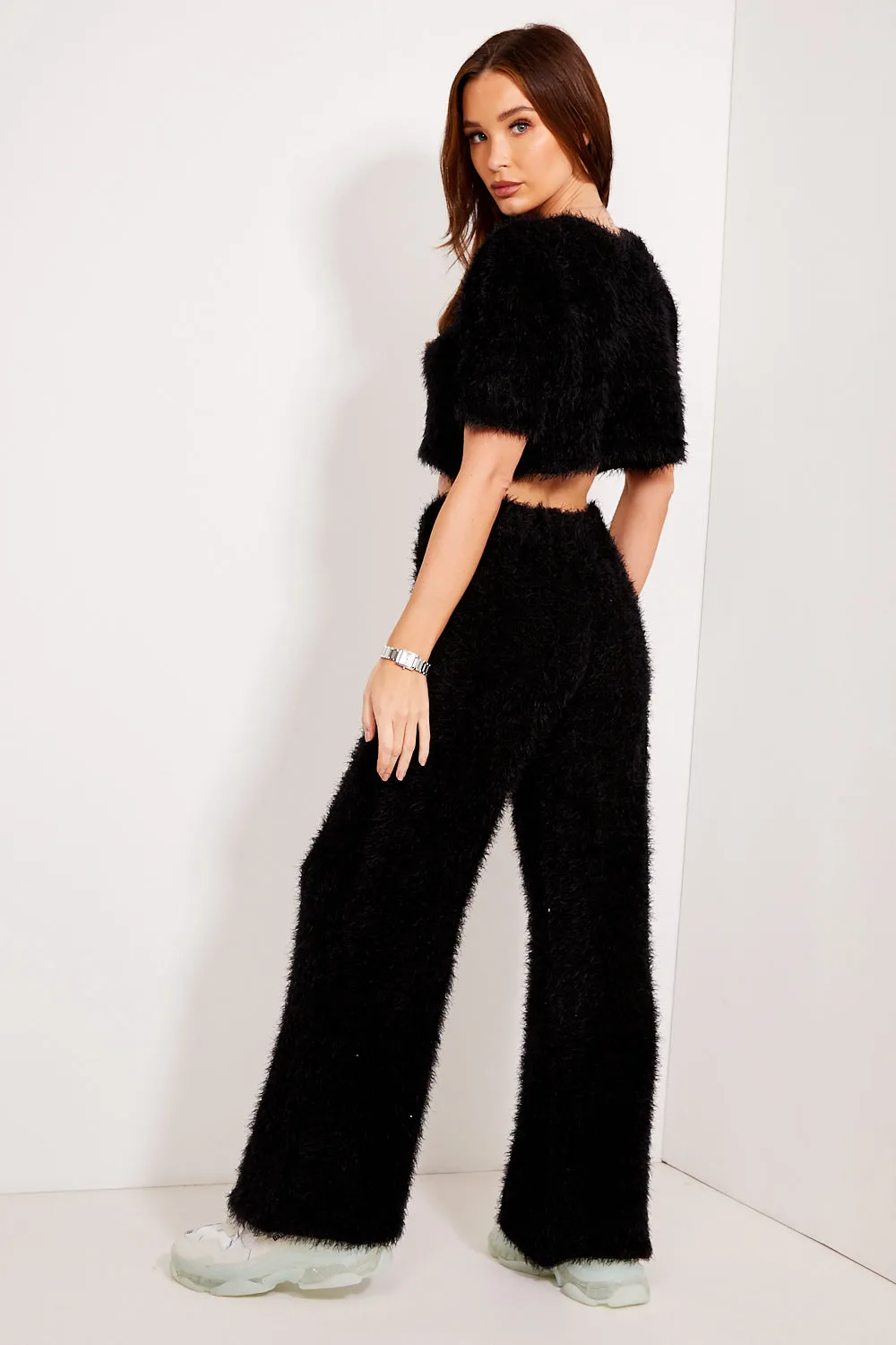 Kitty Black Fluffy Knit Crop Top and Wide Leg Trousers Co-Ord Set