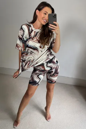 Lily White Marble Print Oversized T-Shirt and Cycling Shorts