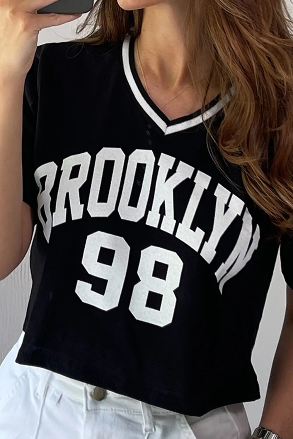 Lindsey Black Varsity Brooklyn Slogan Rib Crop Top