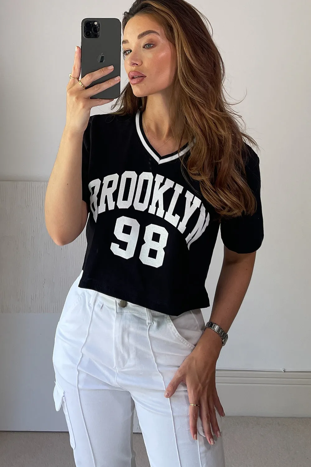 Lindsey Black Varsity Brooklyn Slogan Rib Crop Top