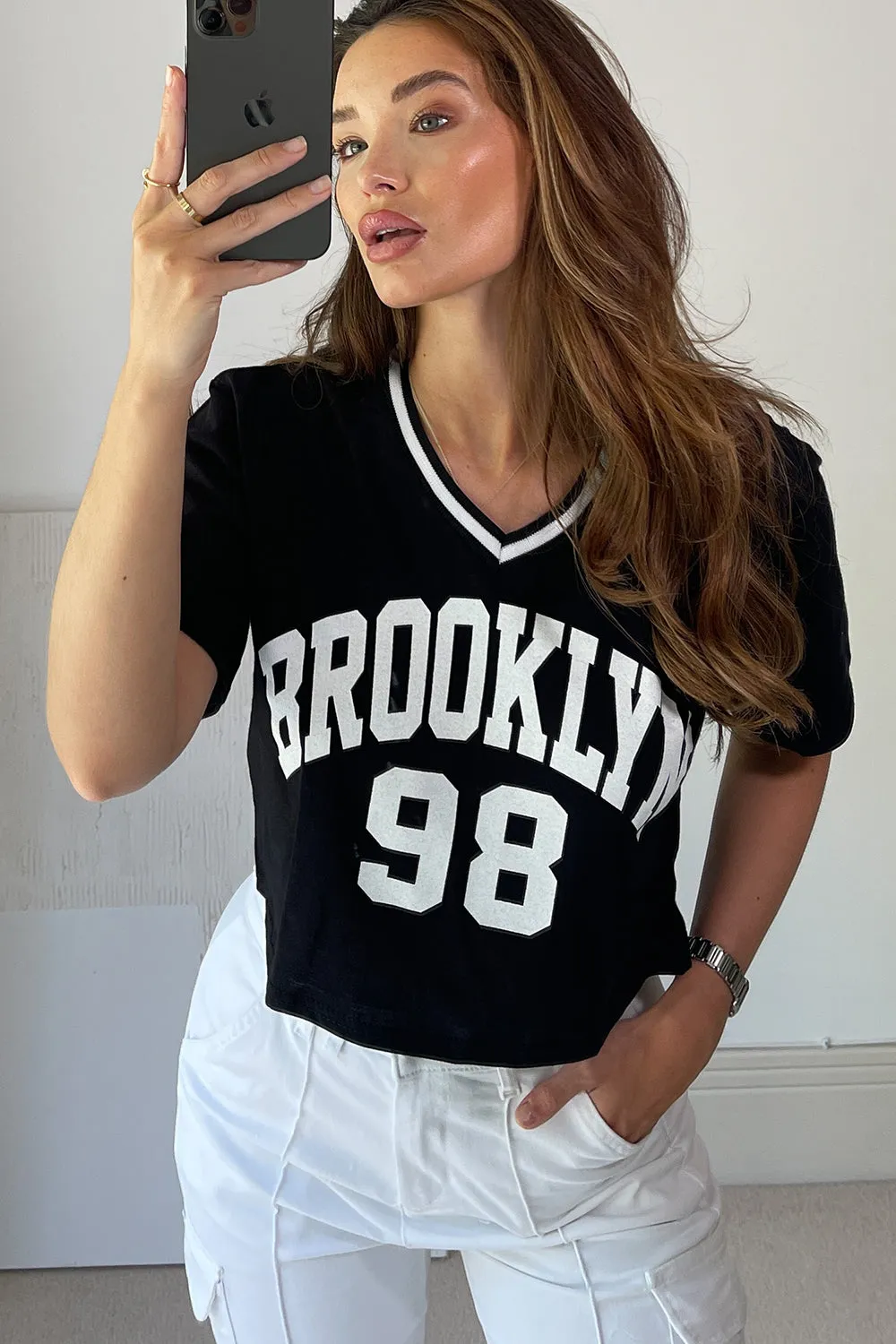 Lindsey Black Varsity Brooklyn Slogan Rib Crop Top
