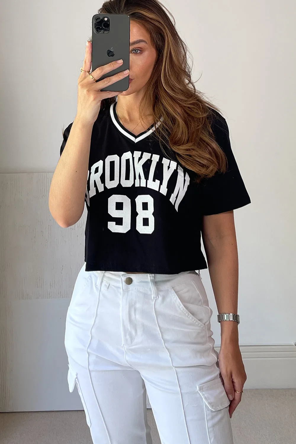 Lindsey Black Varsity Brooklyn Slogan Rib Crop Top