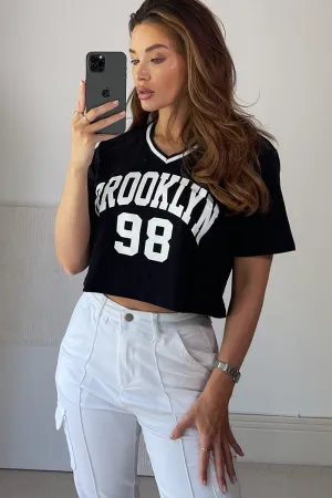Lindsey Black Varsity Brooklyn Slogan Rib Crop Top