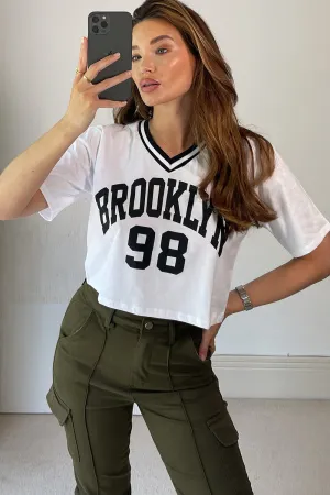 Lindsey White Varsity Brooklyn Slogan Rib Crop Top