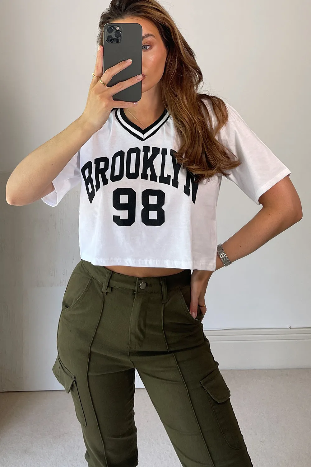 Lindsey White Varsity Brooklyn Slogan Rib Crop Top