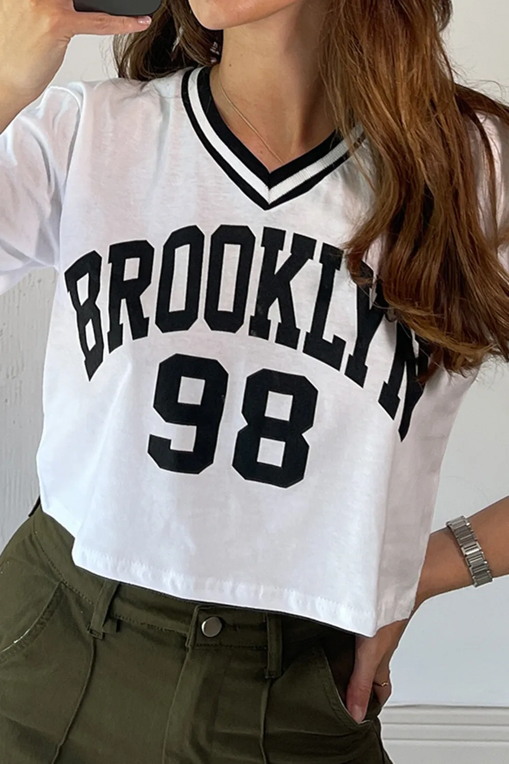 Lindsey White Varsity Brooklyn Slogan Rib Crop Top