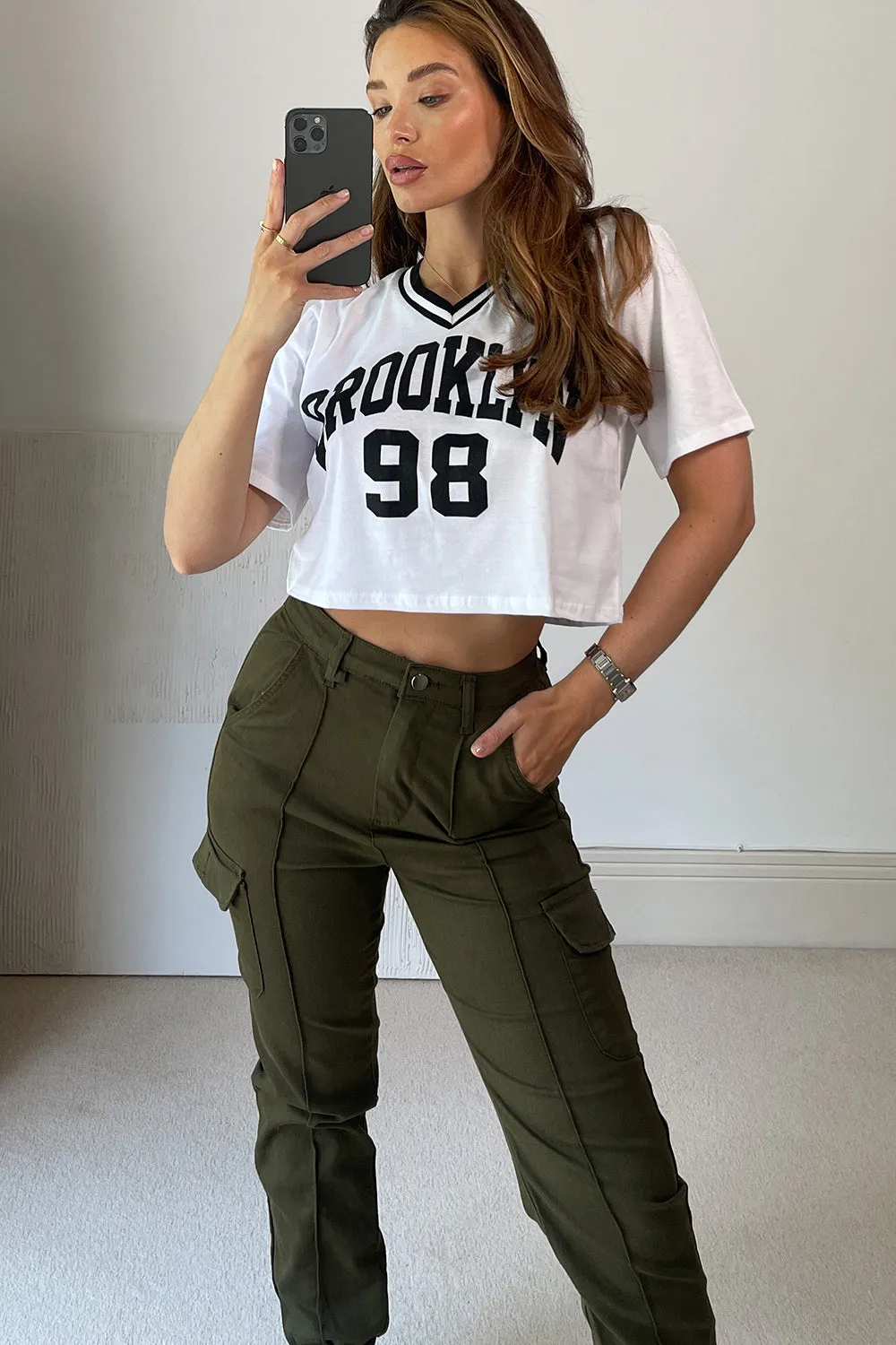 Lindsey White Varsity Brooklyn Slogan Rib Crop Top