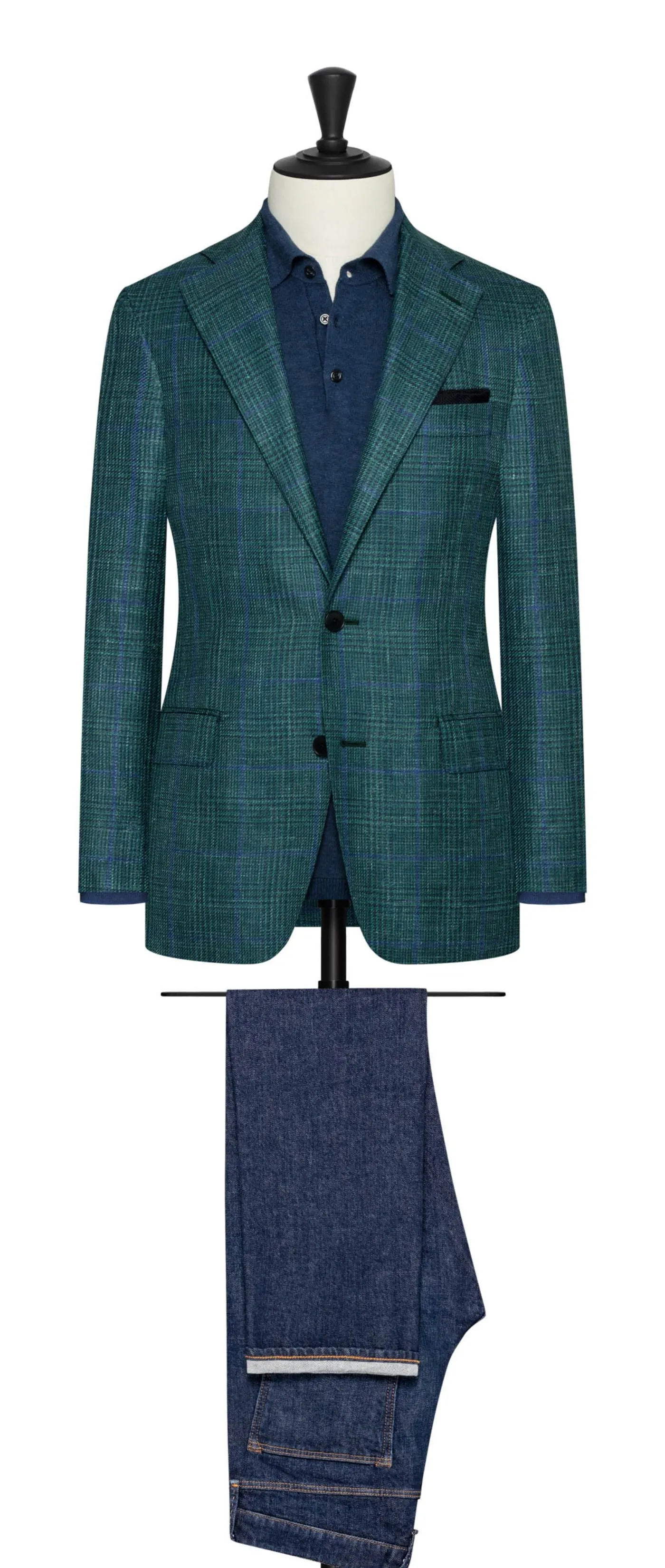 Loro Piana SUMMERTIME Teal Green Wool, Silk & Linen Check with Blue Overcheck