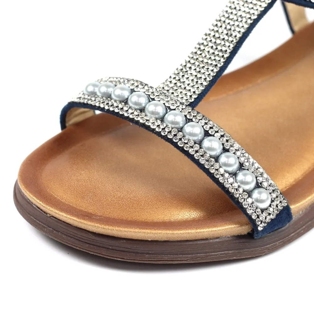Lunar Women's JLH078 Tancy Pearl Detail Sandals Blue