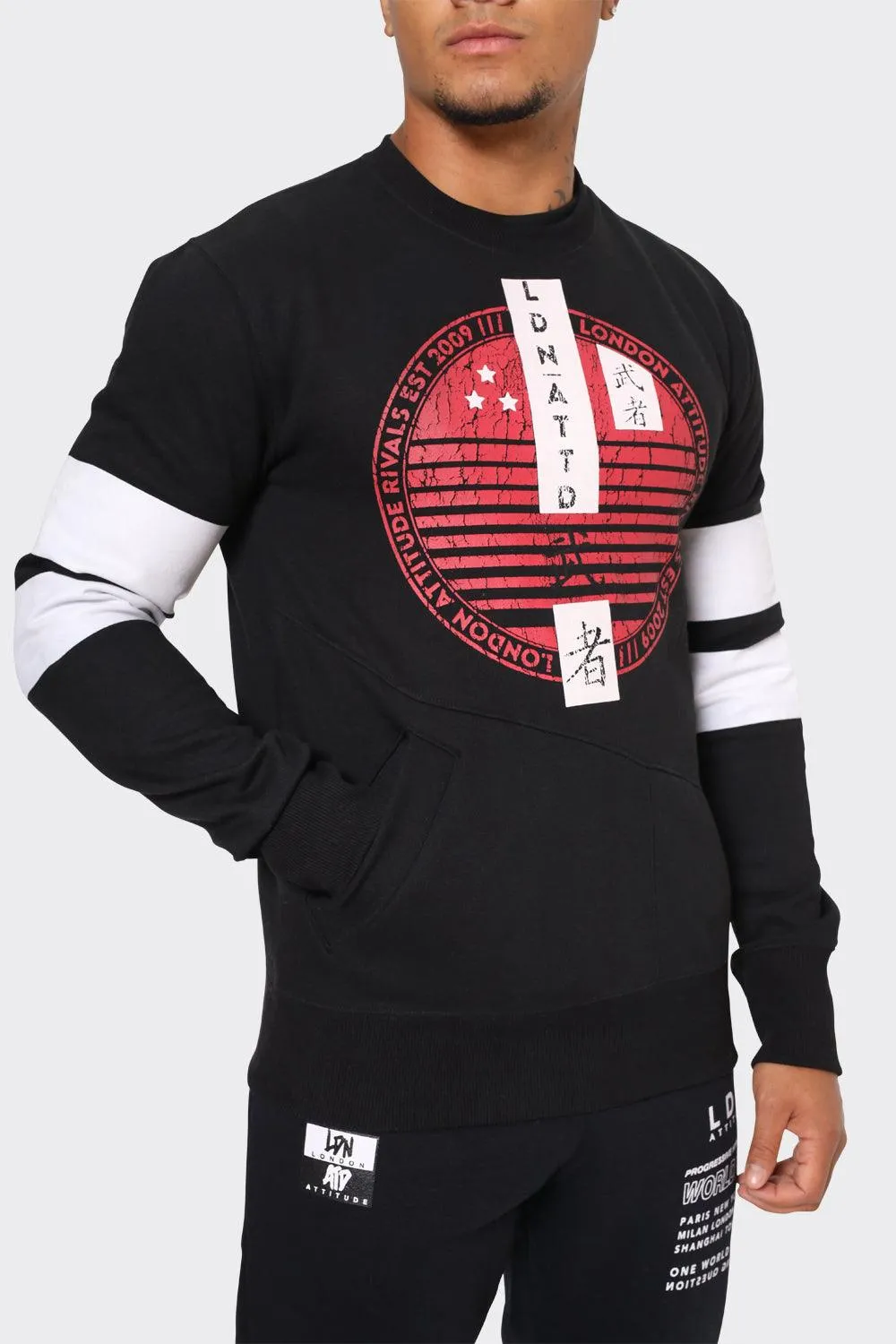 Men's Black Crewneck Sweatshirt with Red Graphic Print and White Sleeve Stripes