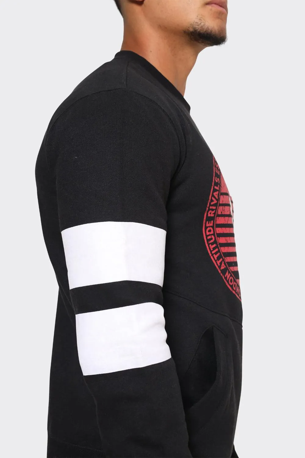Men's Black Crewneck Sweatshirt with Red Graphic Print and White Sleeve Stripes