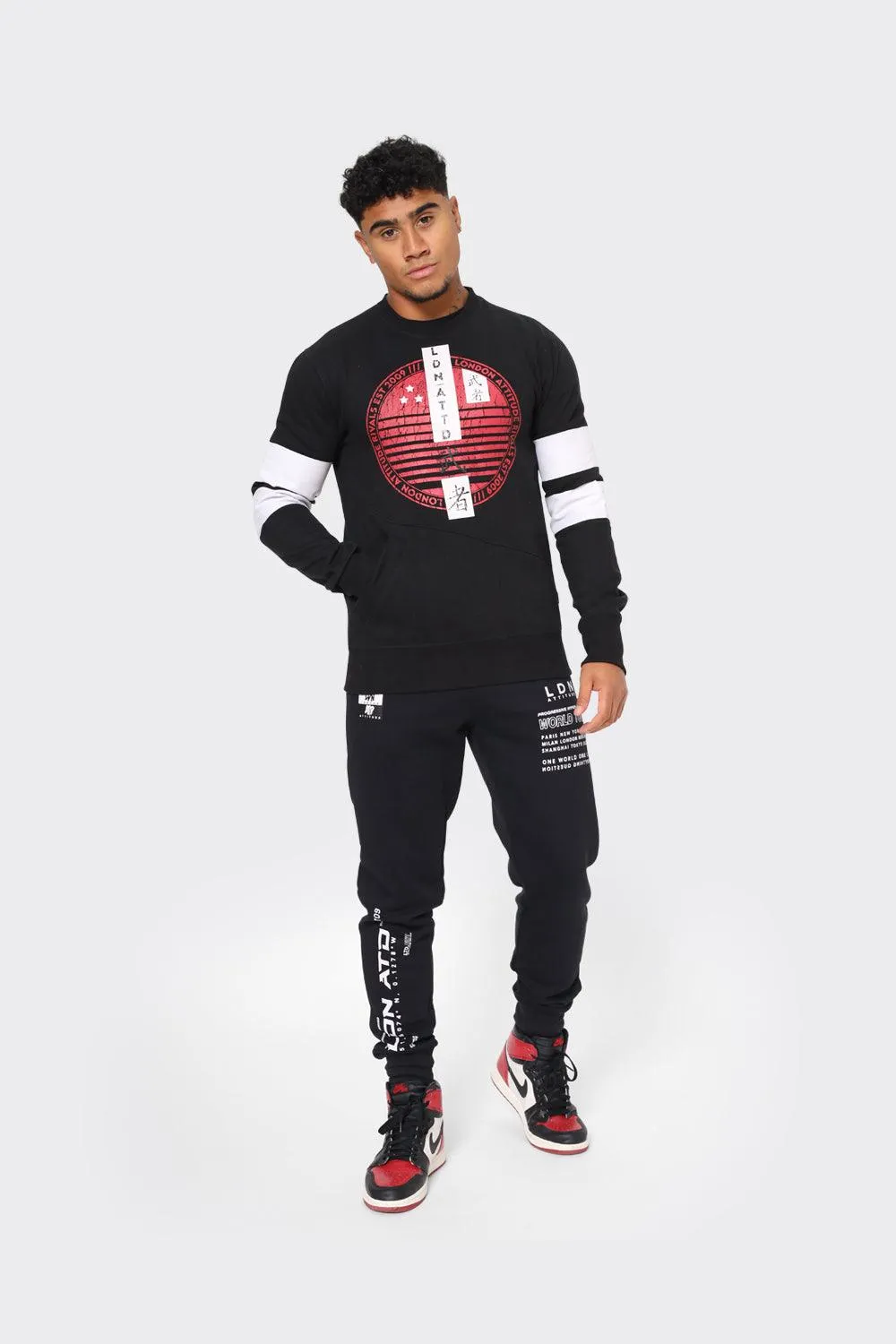 Men's Black Crewneck Sweatshirt with Red Graphic Print and White Sleeve Stripes
