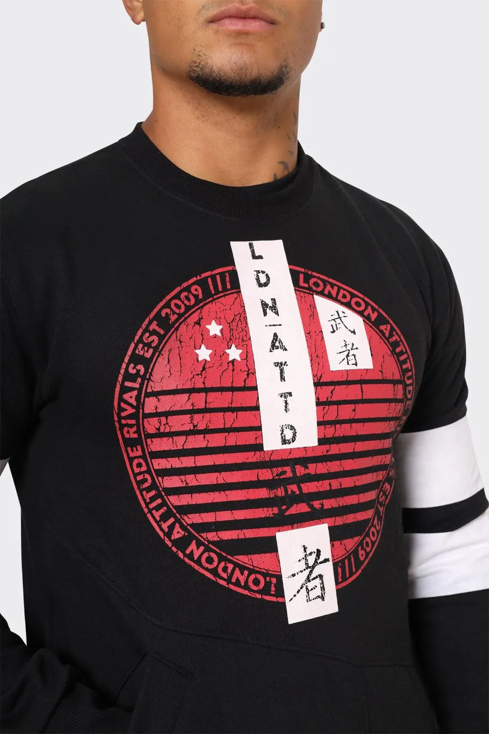 Men's Black Crewneck Sweatshirt with Red Graphic Print and White Sleeve Stripes