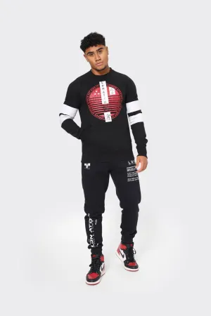 Men's Black Crewneck Sweatshirt with Red Graphic Print and White Sleeve Stripes