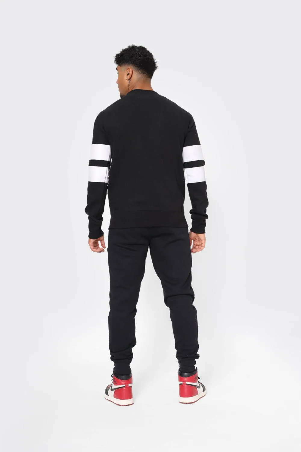 Men's Black Crewneck Sweatshirt with Red Graphic Print and White Sleeve Stripes