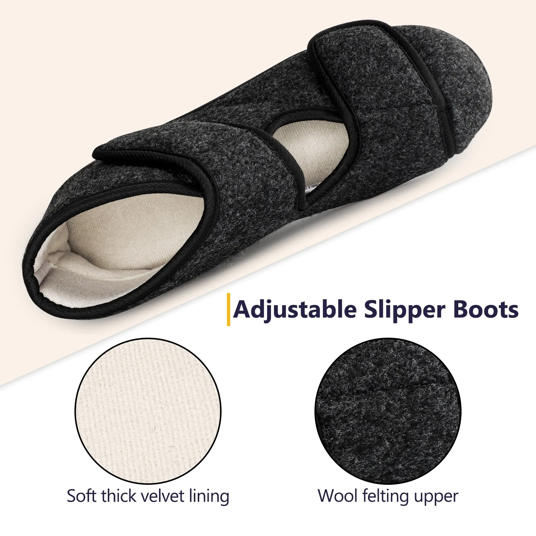 Men's Slippers Adjustable Velcro House Shoes for Diabetic Swollen Feet Edema Warm Winter Indoor Outdoor Boots Slippers