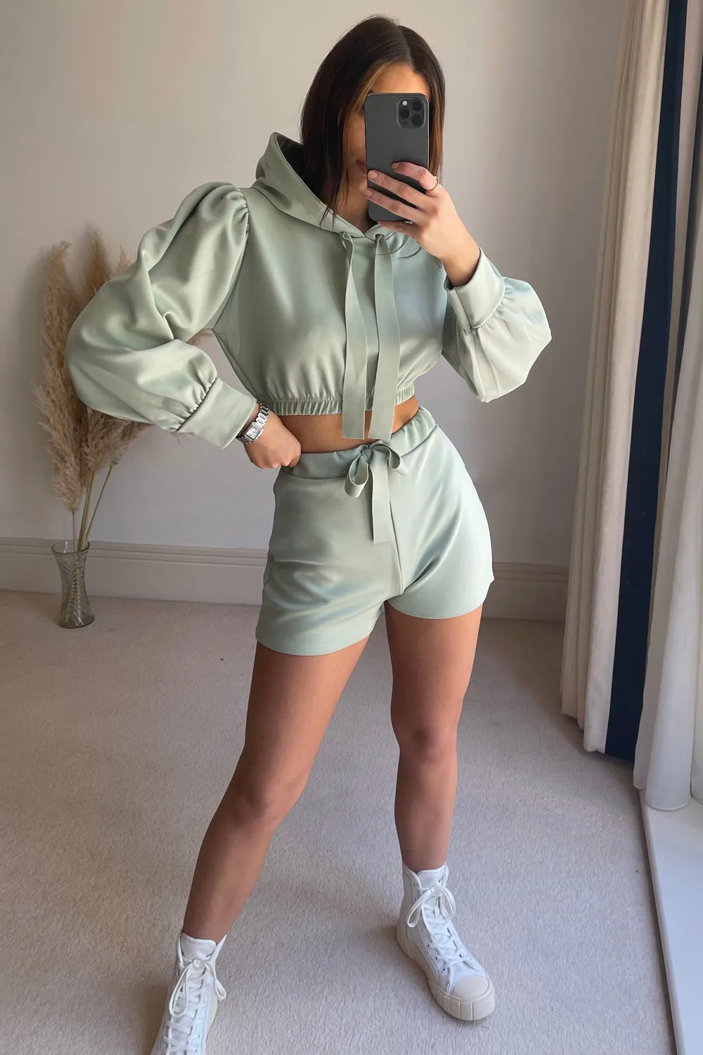 Mint Puff Sleeve Cropped Hoodie and Shorts Lounge Co-Ord Set