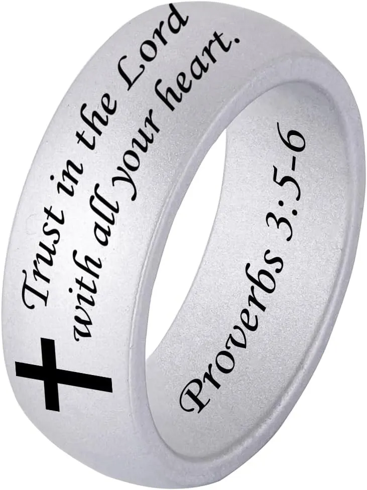 Personalize Bible Verses Rubber Ring Solid Color Cross Inspirational Faith Bible Verse 8MM Wide Blue Silicone Ring for Men Women Easter Gifts, Standard US Size 5 to 13