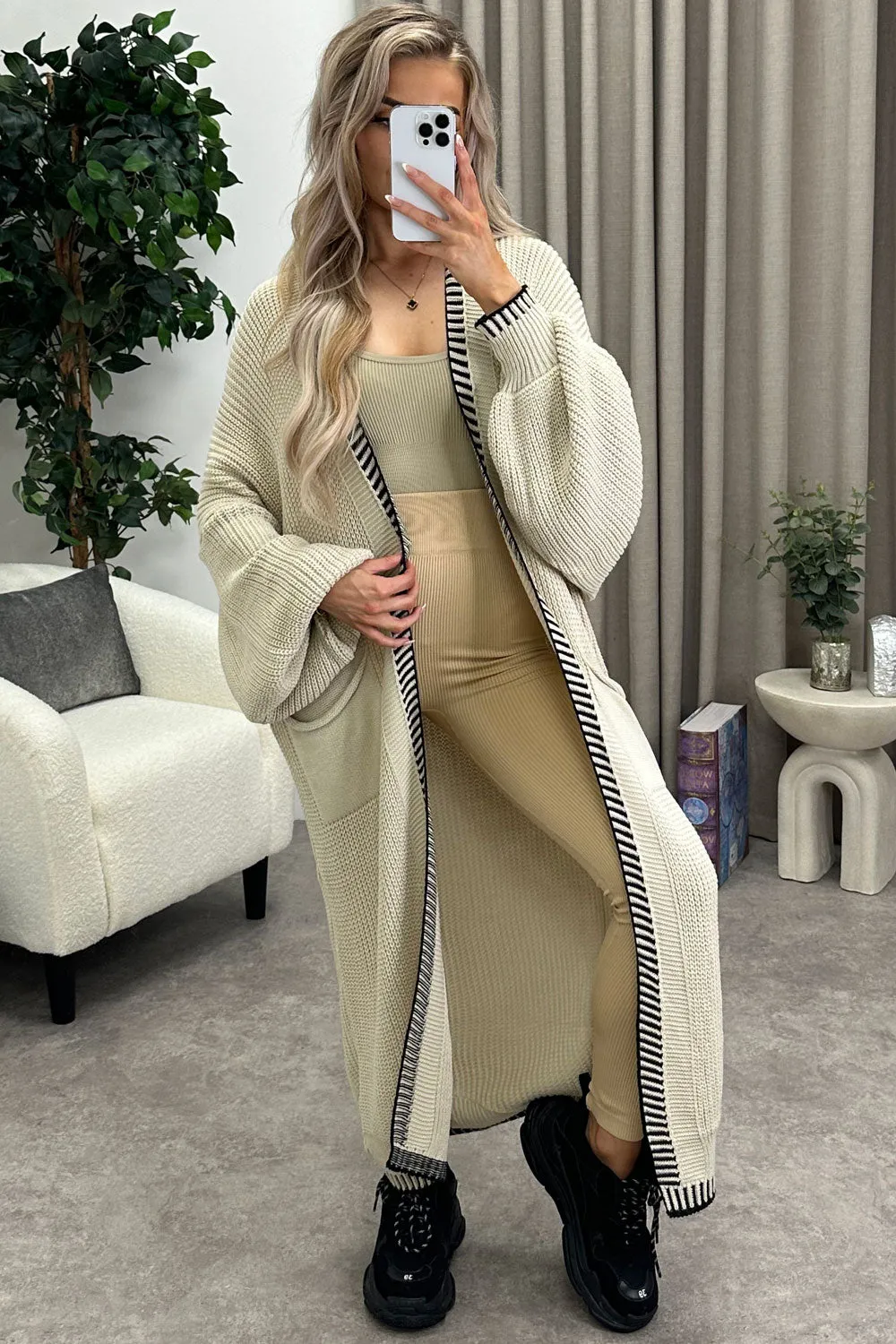 Rachelle Beige Contrast Trim Balloon Sleeve Maxi Knitted Cardigan